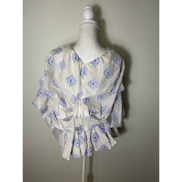 Caroline Constas White Light Blue Floral Top Sz L - Picture 4 of 4